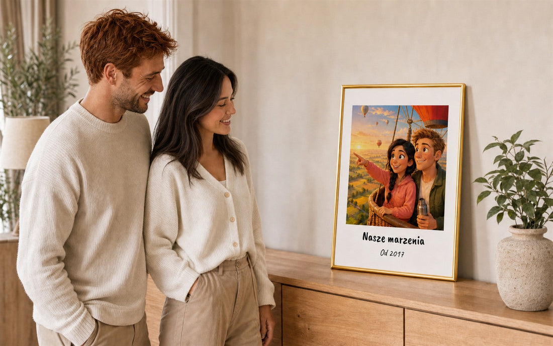 Uśmiechnięta para ogląda personalizowany portret ze zdjęcia w złotej ramie