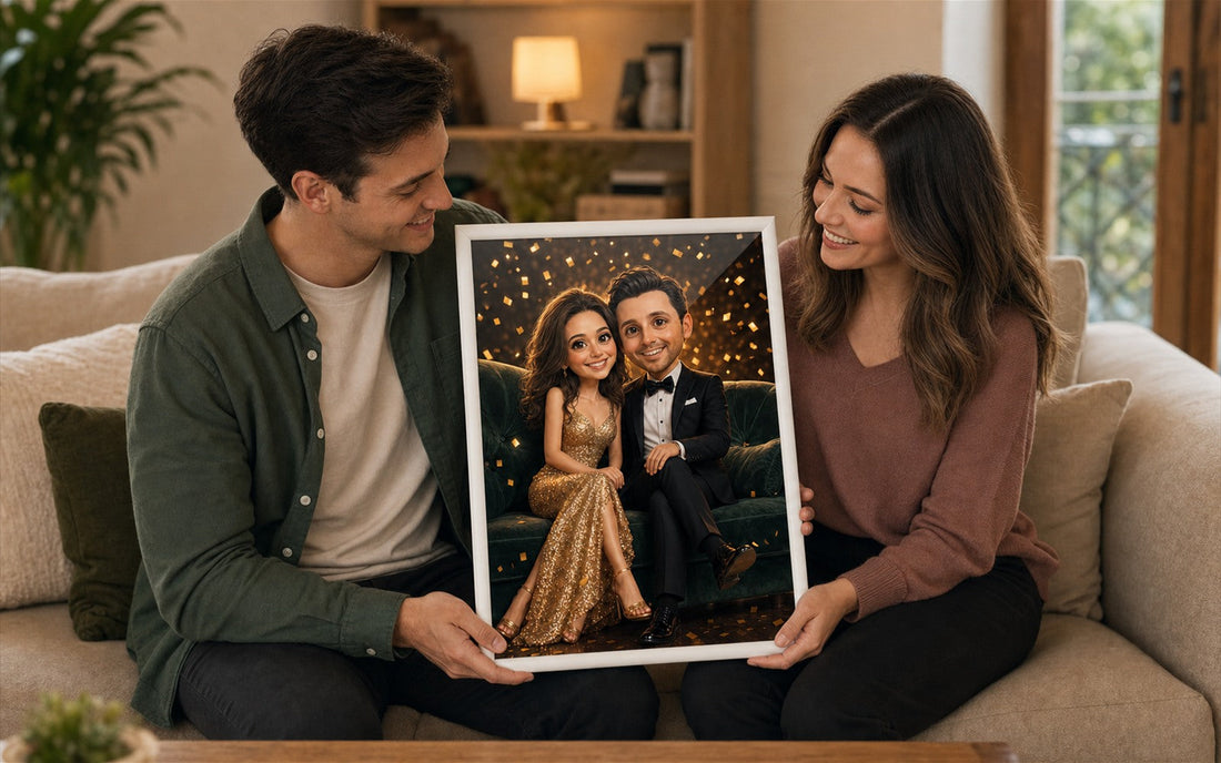Uśmiechnięta para ogląda personalizowany obraz ze zdjęcia jako prezent na Dzień Chłopaka