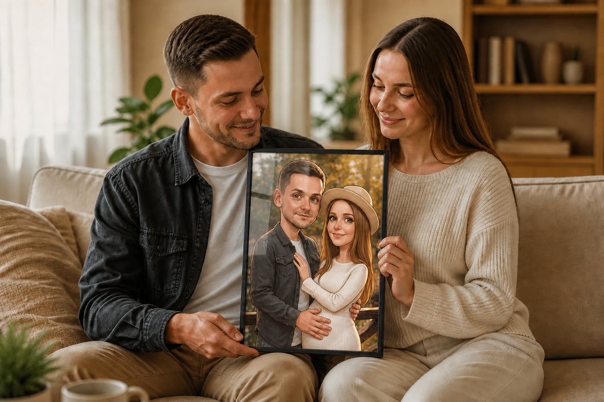 Para ogląda personalizowaną karykaturę ze zdjęcia w cienkiej czarnej ramie z pleksą
