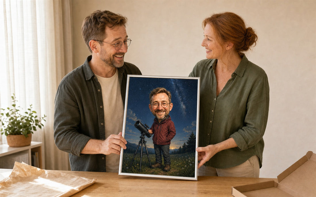 Mężczyzna z radością otrzymuje personalizowany obraz pasjonata astronomii w cienkiej ramie