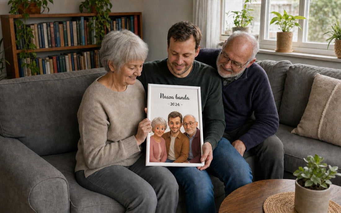 Uśmiechnięci rodzice z dorosłym synem oglądają personalizowany animowany portret rodzinny