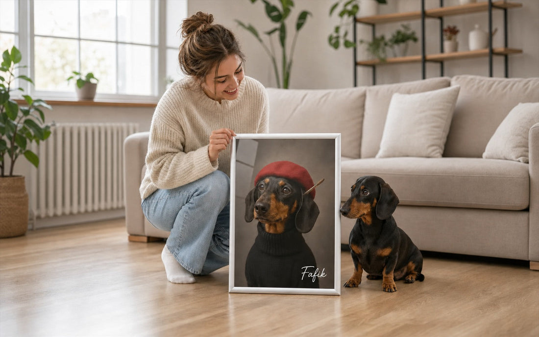 Uśmiechnięta opiekunka z jamnikiem i personalizowanym portretem psa