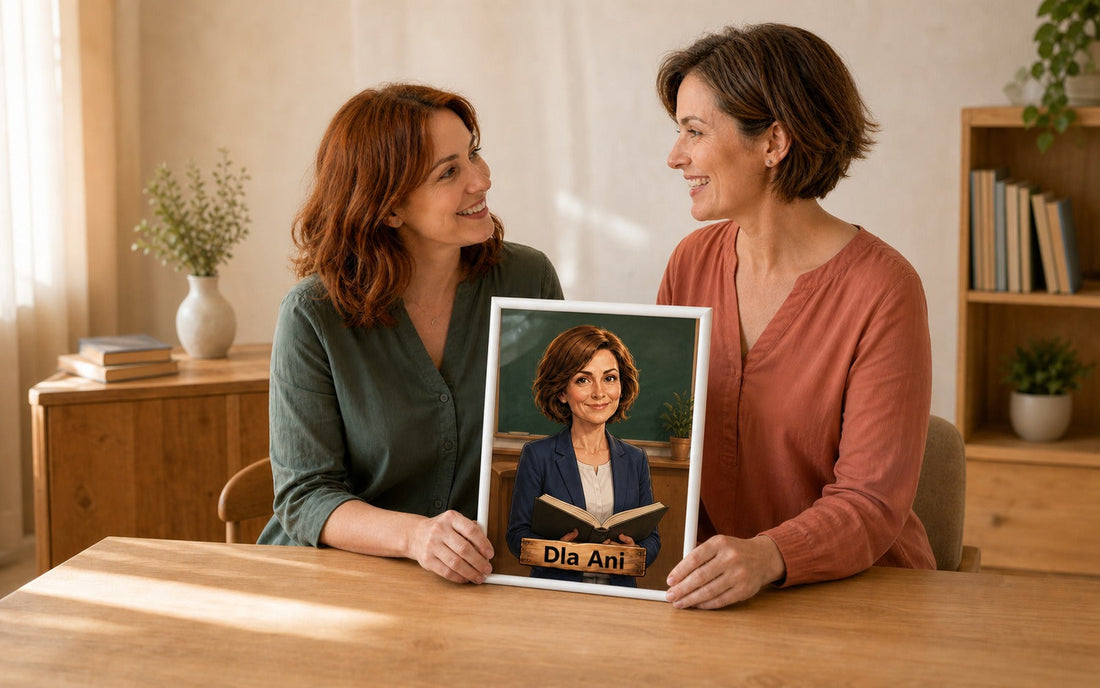 Uśmiechnięte kobiety oglądają personalizowany portret nauczycielki na prezent od całej klasy