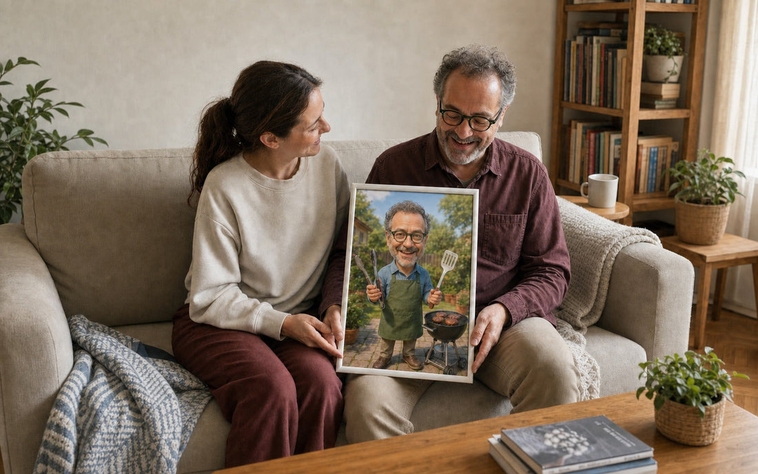 Uśmiechnięta para ogląda personalizowany portret Króla Grilla na prezent na 50. urodziny