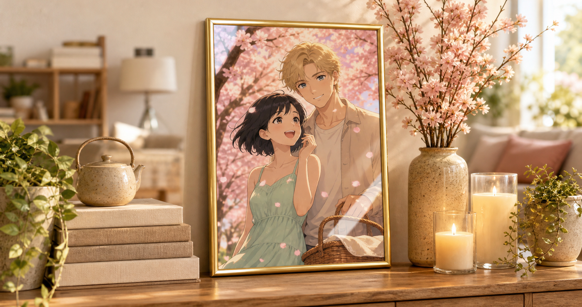 Portret anime - obraz w zlotej ramie na konsoli z galazkami wisni