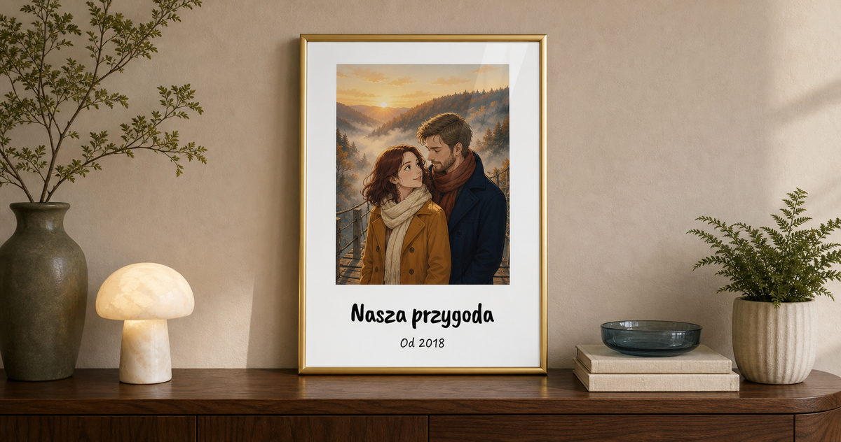 Anime z podpisem – para na jesiennym moście w żółto-złotej ramie