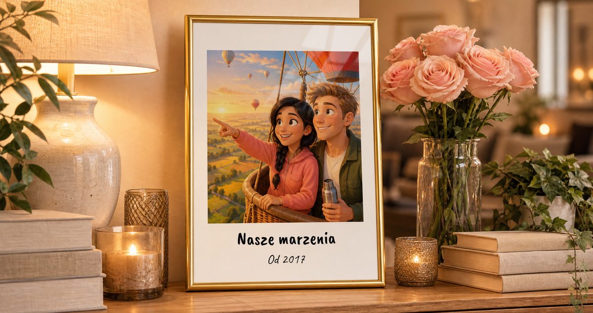 Bajka 3D z podpisem - obraz w zlotej ramie na komodzie z rozami