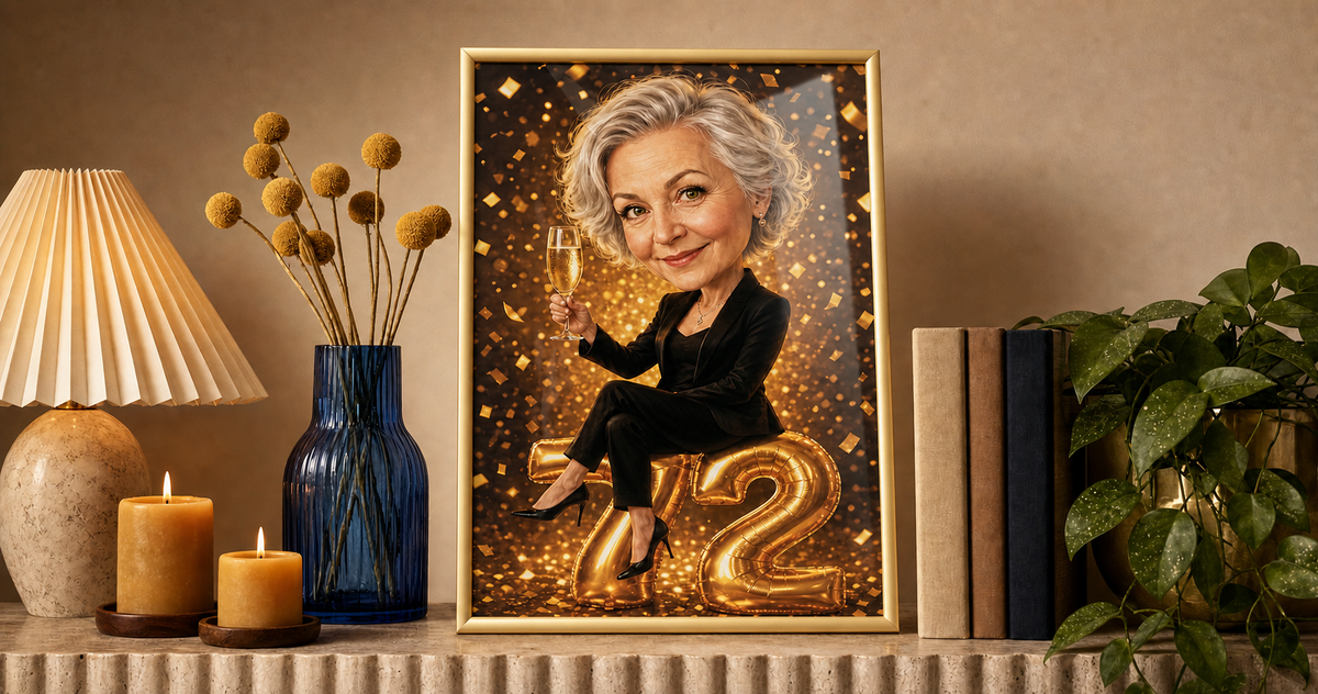 URODZINOWE BALONY – personalizowana karykatura kobiety 72 lata w żółto-złotej ramie