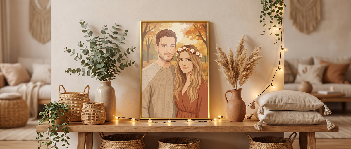 Portret pary w stylu boho w złotej ramie na drewnianej ławie z eukaliptusem, wiklinowymi koszami i girlandą lampek