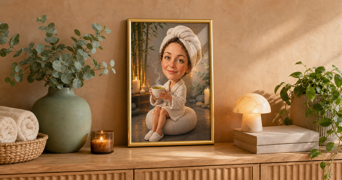 RELAKS W SPA — karykatura 3D w złotej ramie na komodzie