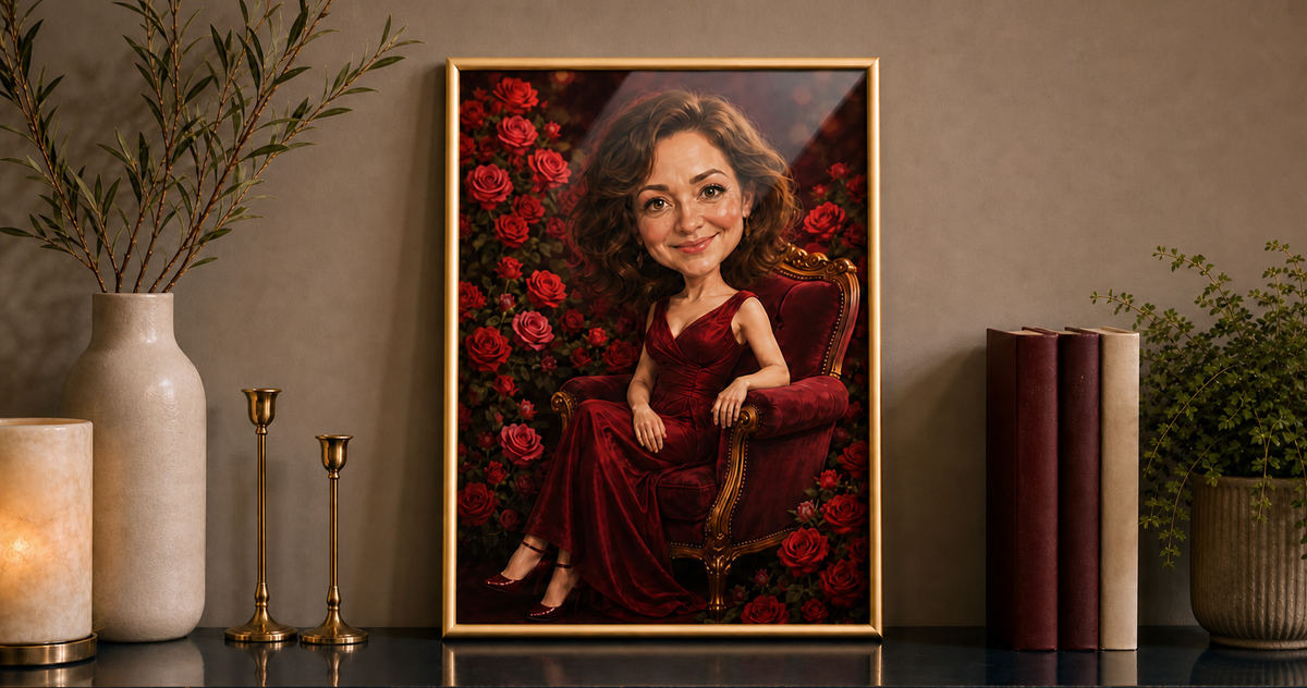 RÓŻANA ELEGANCJA – banner z portretem w złotej ramie