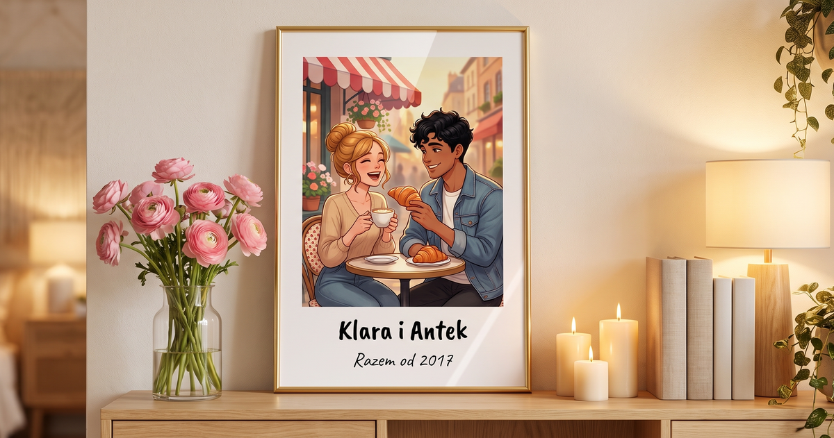Ilustracja cyfrowa - obraz w zlotej ramie na konsoli z jaskrami