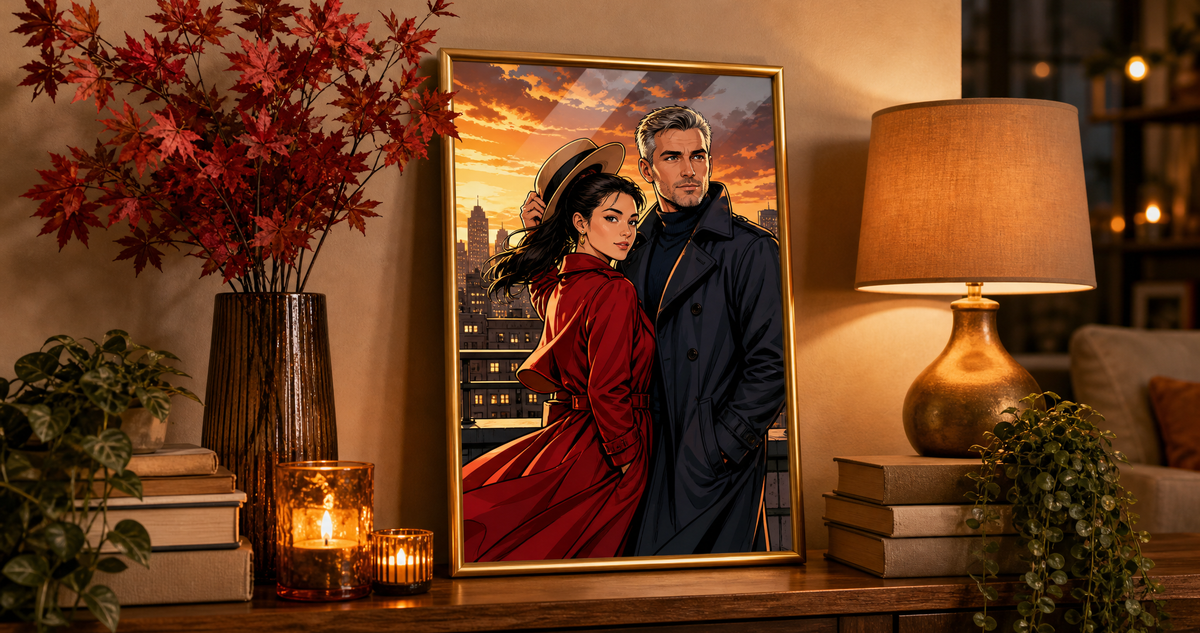 Portret komiksowy - obraz w zlotej ramie na komodzie z galeziami klonu