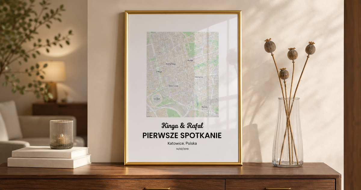 Złota rama A3 z personalizowaną mapą miasta w eleganckim wnętrzu