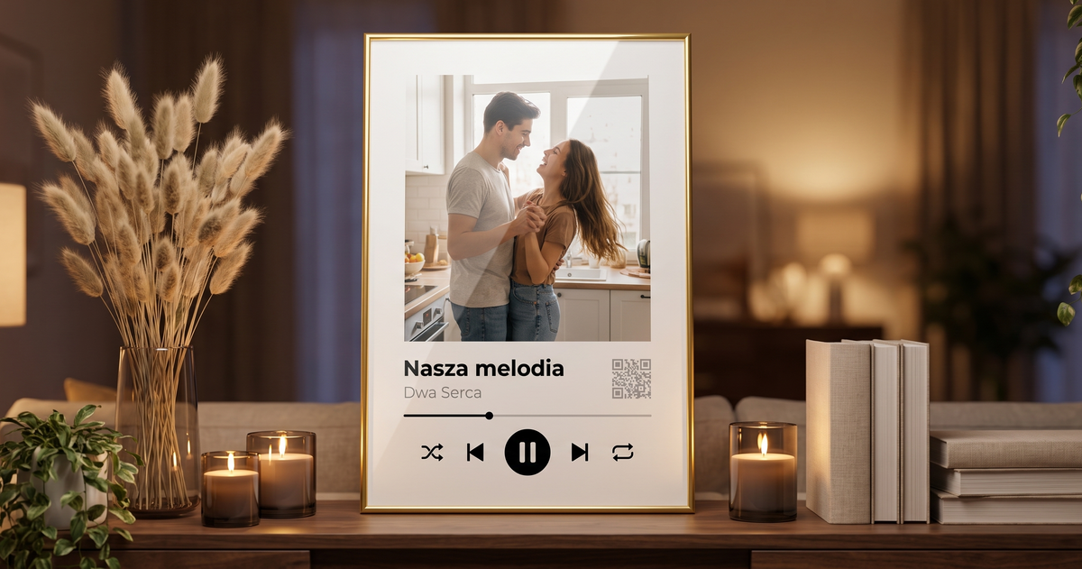Twoja piosenka - zloty plakat na konsoli z trawami lagurus i swiecami