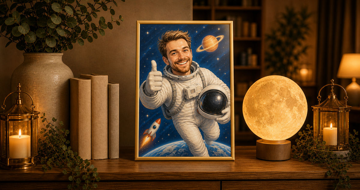 ZRÓB PO SWOJEMU — banner z astronautą w jasnej, satynowo-matowej złotej ramie